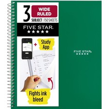 Five Star Spiral Notebook  Study App, 3 Subject, Wide Ruled Pack of 1, Green