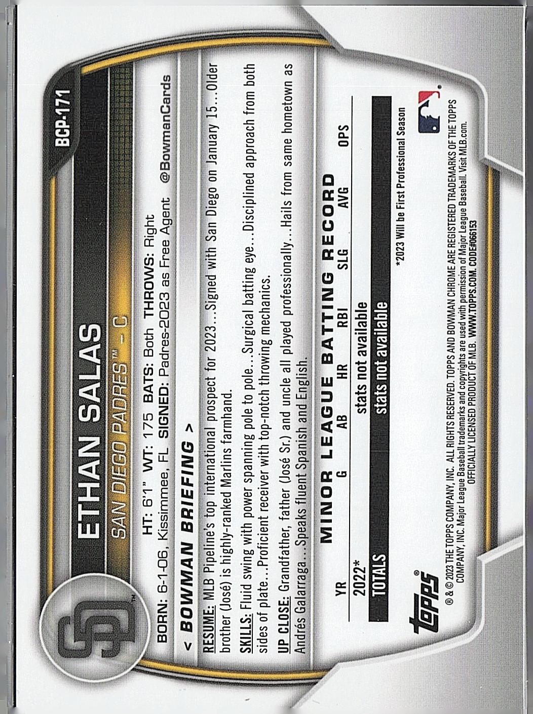 2023 Bowman Chrome Sapphire #BCP-171 Ethan Salas Orange #/75 Image Variation