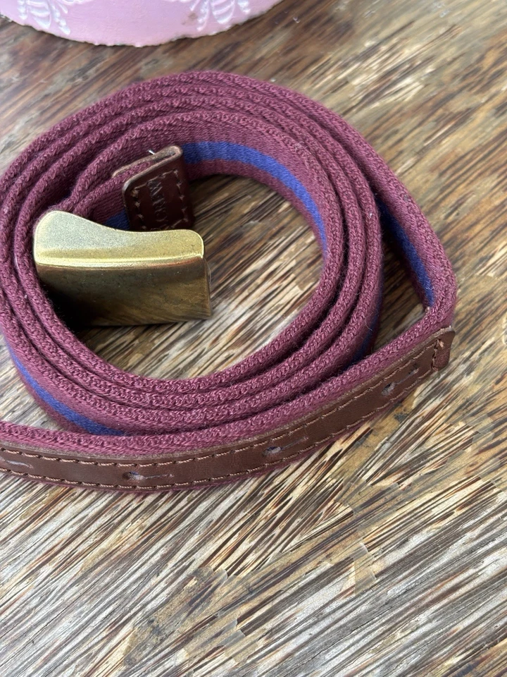 J. Cinturón de mujer Crew de lona de cuero granate/azul marino a rayas hebilla de latón talla M/L Foto 3 de 4