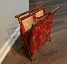 VTG MCM Retro Wooden Folding Frame Sewing Basket Yarn Caddy Knitting