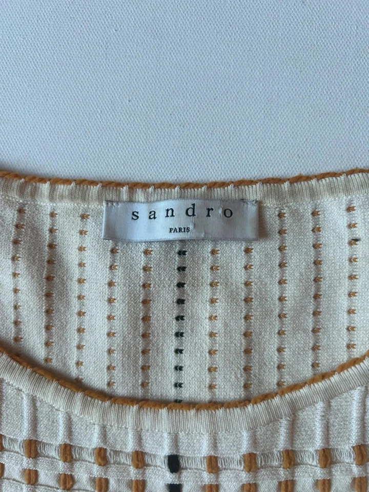 Sandro Paris Cream Knit Dress XS Ribbed Plissé Skirt Chic Designer - Image 3 of 4