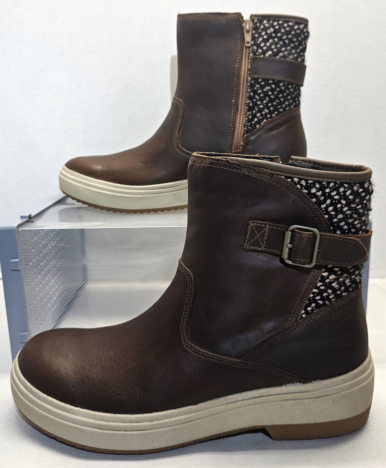 Stivali Merrell donna tabacco agrifoglio 2 fibbie impermeabili cerniera in pelle taglia 10