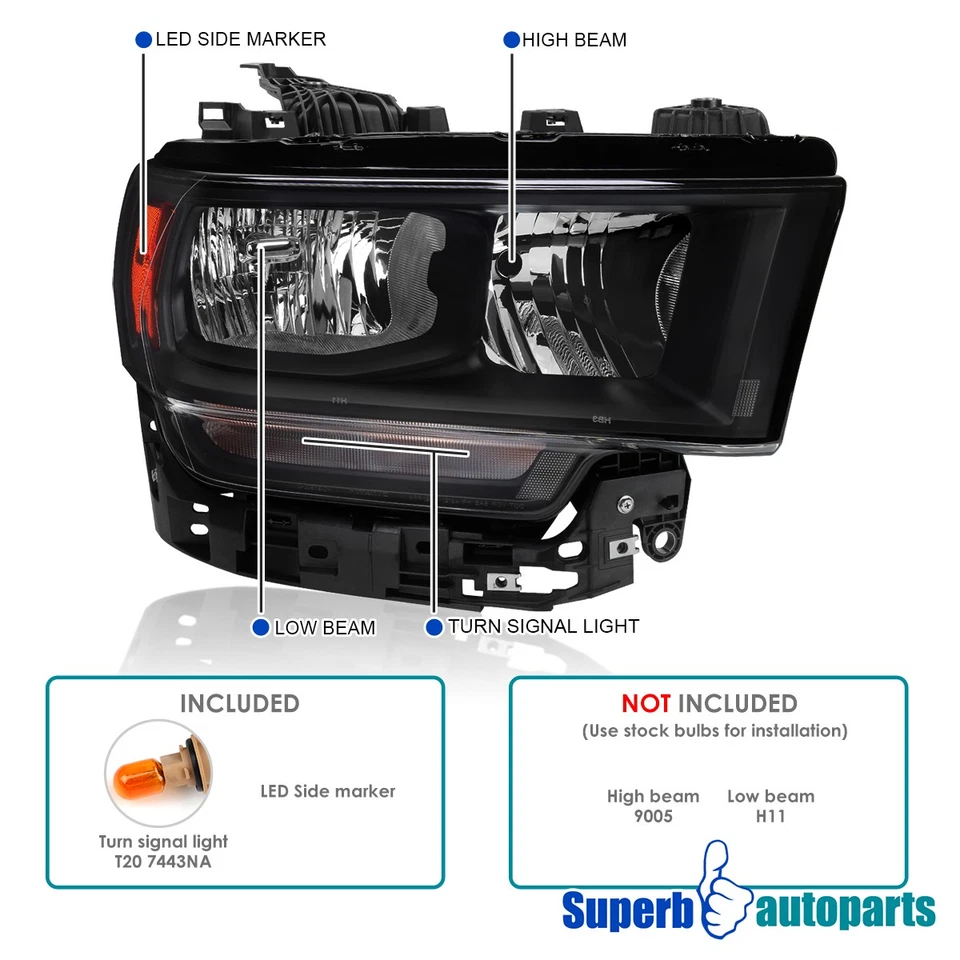 Fits 2019-2024 Dodge Ram 2500 3500 4500 5500 Headlight & Turn Signal Lamp Black Foto 3 de 4