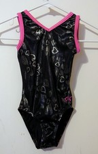 GK Elite Gymnastics Leotard Heart Printed Silver Black Pink Trim Size CS