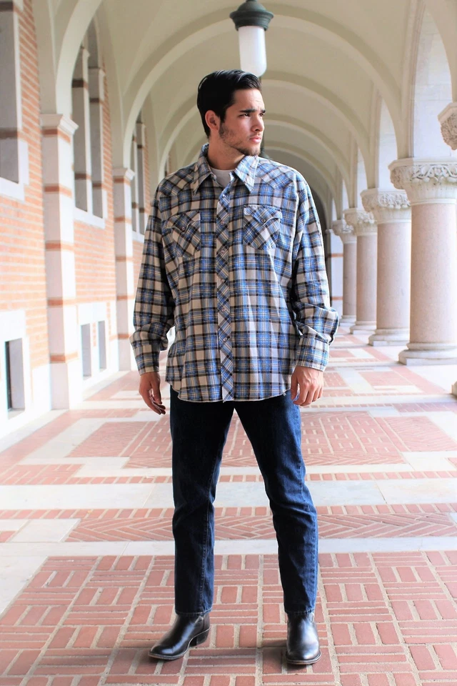 Винтажная фланелевая рубашка 1970-х H Bar C Ranchwear синяя клетчатая мужская 18–35 - Изображение 2 из 4