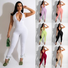 Womens Stretch Bodysuit Ribbed V Neck Zip Yoga Jumpsuits Summer Rompers Unitards