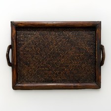 Vintage Wood and Bamboo Tight Weave Serving Tray W Handles MCM Asia 15.5”x20.5”