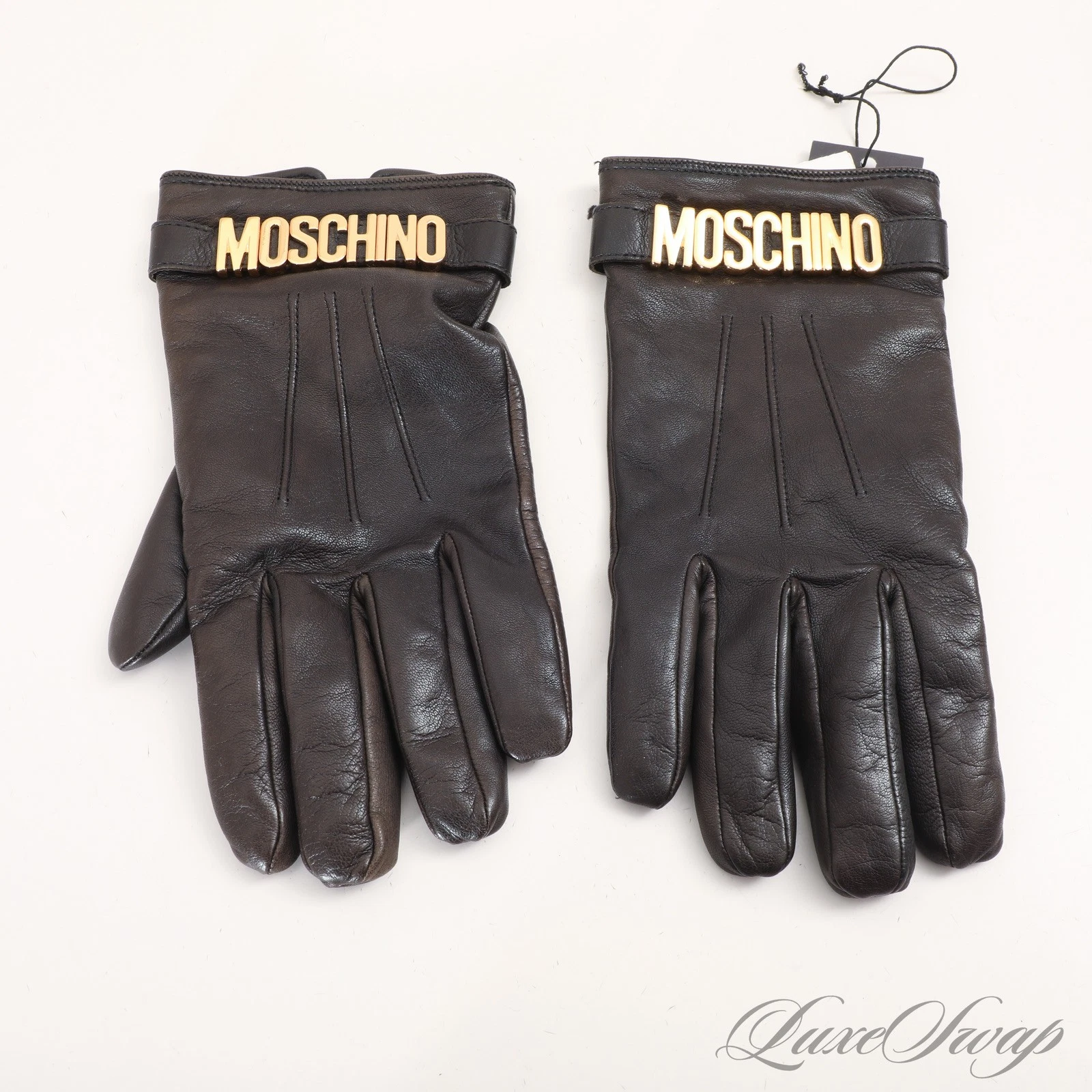 Moschino Made in Italy Black Nappa Leather Gold Big Logo Cuff Winter Gloves 8.5