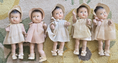 1930s Japanese Set of 5 DIONNE QUINTUPLET COMPOSITION DOLLS 7 1/2"