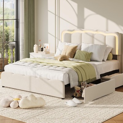 IDEALHOUSE Full Size Upholstered Bed Frame with 2 Storage Drawers and LED Lig...