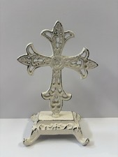 Cast Iron Ornate Fleur de Lis Standing Cross Distressed White Tabletop Decor 7  