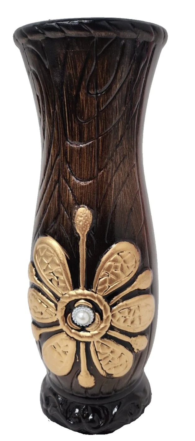 Vintage Asian Vase Ceramic 3D Flower Wood Tone Brown Gold Hand Painted
