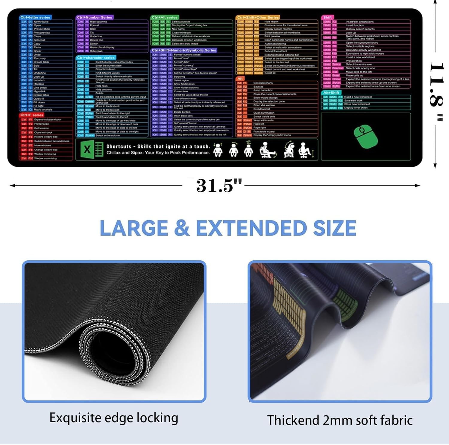 XL Excel Shortcuts Mouse Pad Large Desk Mat Waterproof Extended Keyboard Pad PC