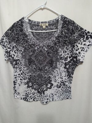 Unity World Wear Black White Fancy Animal Print Top Women's Large