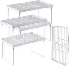 4-Pack Stackable Plastic Kitchen Storage Shelf Foldable Rack - White Kitchen Cab