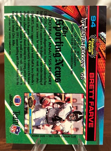 Brett Favre Topps Stadium Club #94 1991 - Imagen 2 de 2