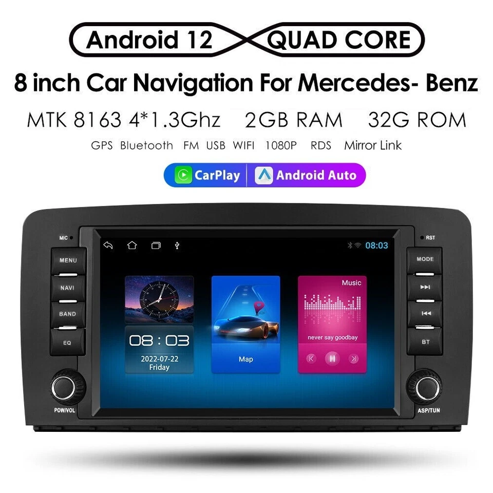 Rádio estéreo veicular 32GB CarPlay Android 12 GPS para Mercedes Benz R-W251 R320 R350 - Imagem 3 de 4