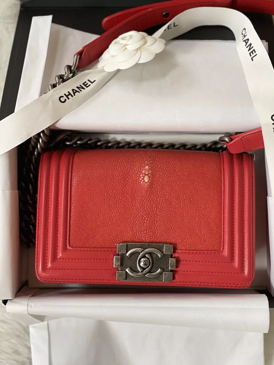 Preloved Chanel Boy Red Small In Stingray Ruthenium HW Limited