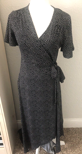 NWT MARY SQUARE Sz S Black White Polka Dot MAXI DRESS Surplice Fit Flare TIE