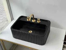 Black Marble Sink with Ribbed Design | Hand-Carved Custom Wall Mount Marble Sink