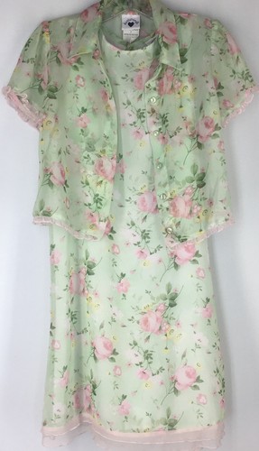 Girl's 8 HARTSTRINGS Dress Sleeveless PINK ROSES APPLE GREEN Sheer Shift Easter - Picture 5 of 6