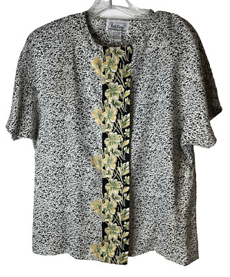Vtg Notations Women's Size 8 Black Animal Print Blouse Floral Sash Button Up