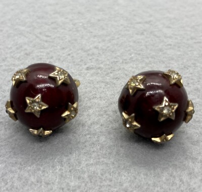 Vtg CINER Earrings Stars Clip On Red Root Beer Round Gold Plate Clear Rhinestone