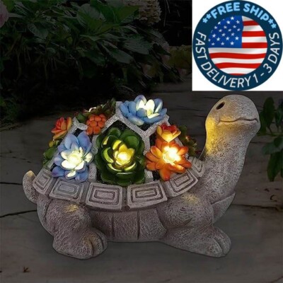 Tortuga de estatuas al aire libre de jardín solar con suculentas y 7 luces LED.