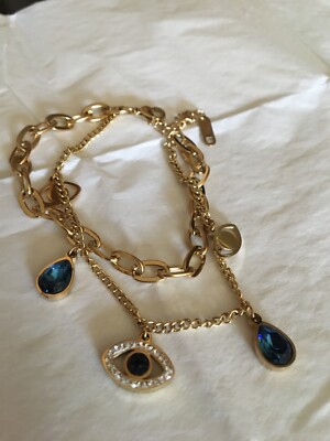 GOOD LUCK  EVIL EYE PROTECTION LAYERED  CHARM BRACELET BLUE CRYSTAL DROP 18K GP