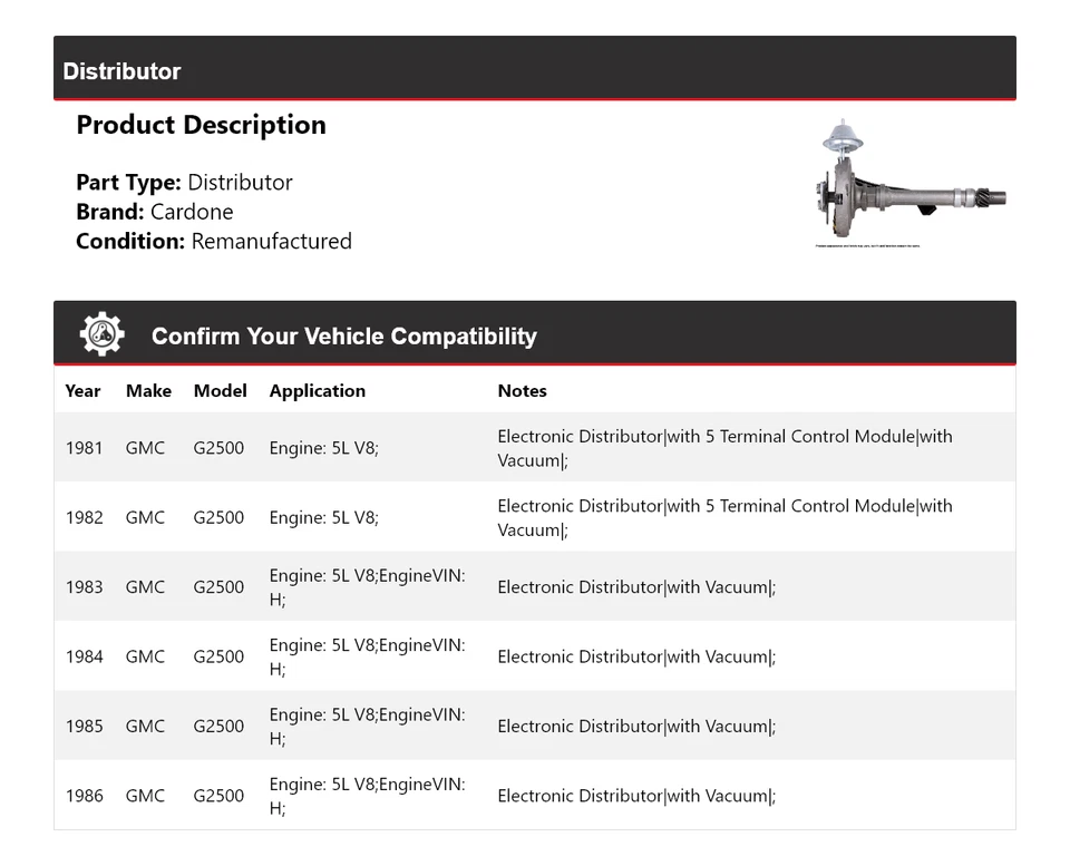 Para 1981-1986 GMC G2500 5L V8 Distribuidor Cardone 1982 1983 1984 1985 Foto 2 de 4