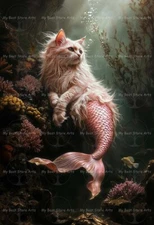 PINK MERMAID CAT ART PRINT, Fantasy Poster, Animal Kitty Funny Wall Decor E874