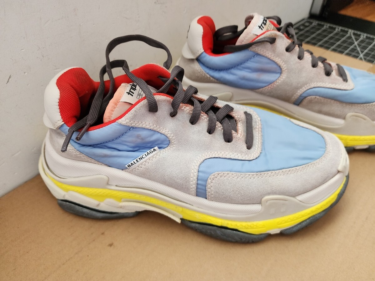 Balenciaga Triple S V2 Blue Yellow Suede Nylon Speed Flat Trainer