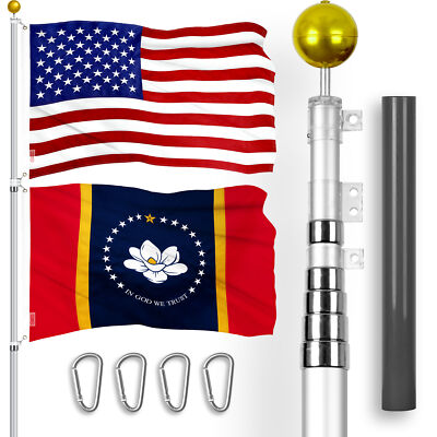 25Ft Telescoping Flagpole SV & USA and Mississippi Magnolia Flag Emb 300D 3x5Ft