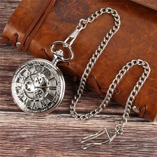 Silver Hand-Wind Mechanical Pocket Watch w/ Chain Skeleton Dial Gear Design Case