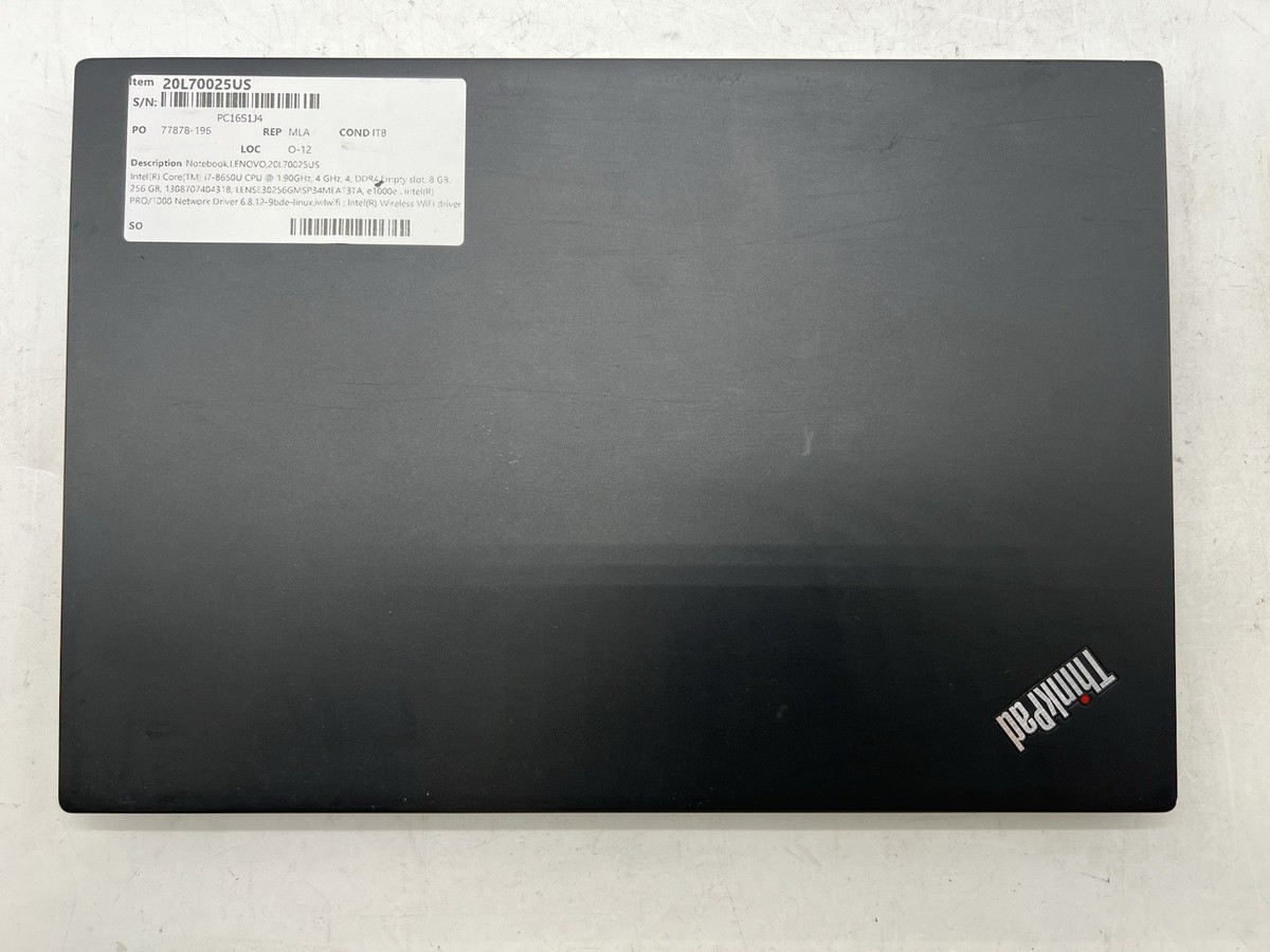Lenovo ThinkPad T480s, i7-8650U CPU, @ 1.90GHz, 8GB RAM, 256GB