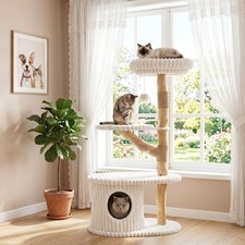 41 Inch Tall Modern Cat Tower w/ Real Wood Branches, Scratching Posts, Cozy Bed