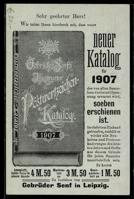 Postcard Gebrüder Mustard's illustrated postage stamp catalogue 1907, postal stationery 1906 
