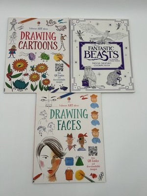 Usborne How To Draw Faces/Cartoons And Fantastic Beasts Coloring Book Lot