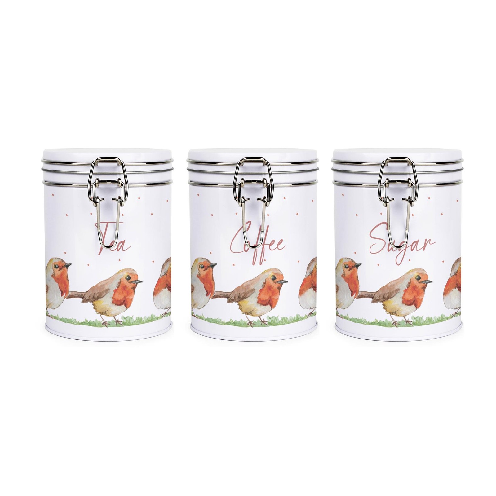 Robins Tea, Coffee & Sugar Storage Canister Set - Metal Clip-Lid Kitchen Gift - Image 2