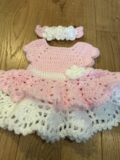 Crochet Baby Pink Dress And Flower Headband Set Handmade Size Newborn