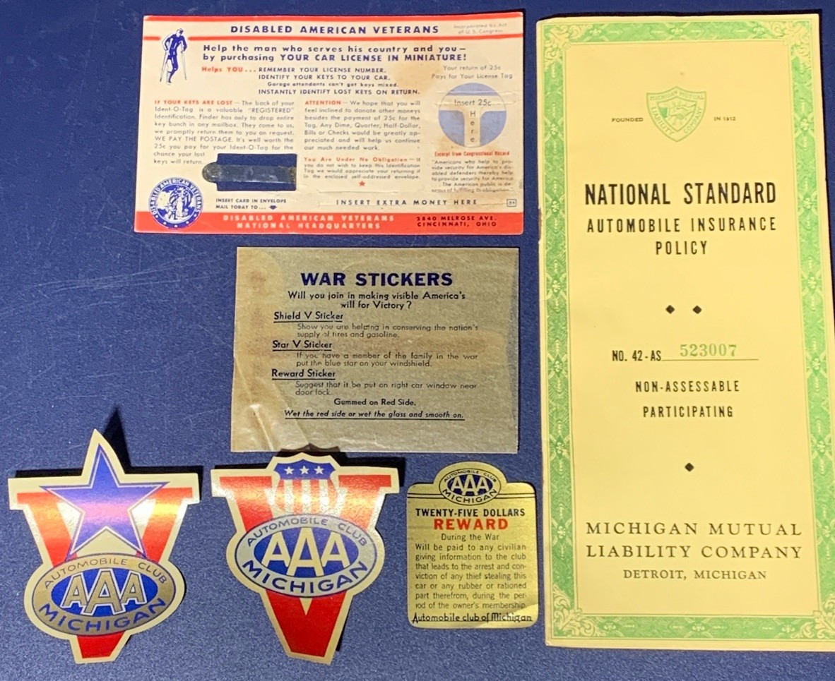 Wwii 1942 Michigan Mutual Auto Insurance Policy + Aaa Michigan War Stickers Lot
