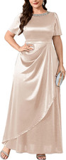 Plus Size Satin Formal Dress Rhinestone Neck Front Drape Maxi Dress - XXL