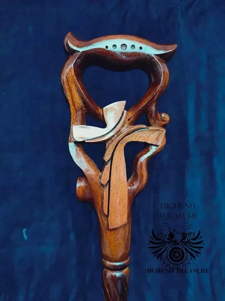 Walking Stick Cane Christian Cross wood Hand carved handle wooden Art - Image 4 of 4