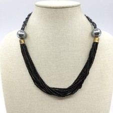 Necklace Black Seed Bead Multi Strand Gray Faux Pearl Boho Statement Collar Gold