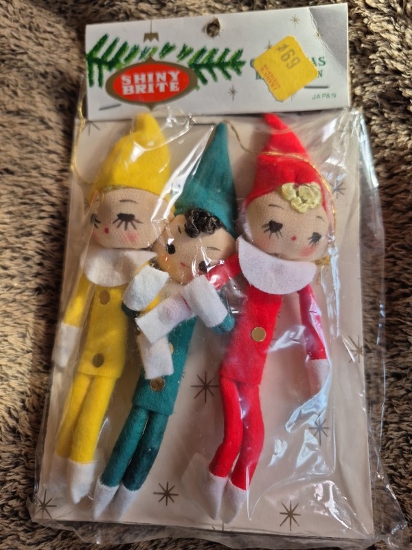 NOS Vintage Shiny Brite Lot of 3 Christmas Elf Pixie Shelf Sitter felt JAPAN