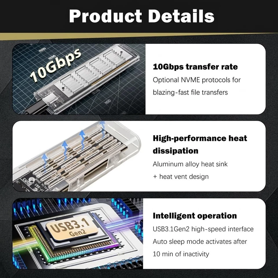 Boîtier SSD M2 Nvme Adaptateur M.2 Externe USB 3.1 Lecteur Disque Dur Externe... - Photo 4/4