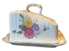 Antique Franz Anton Mehlem Bonn Ceramic Cheese Keeper Floral Design Germany
