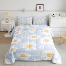 Light Blue White Comforter Set Twin Size,Daisy Flower Bedding Set 2Pcs for Gi...