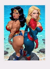 5x7" Premium Pop Photo Glossy Print ACEO Art Pinup Style C. Marvel + WonderWoman