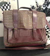 Dr Martens 15-Inch Large Cherry Red Leather Brass Stud Detail Satchel Bag